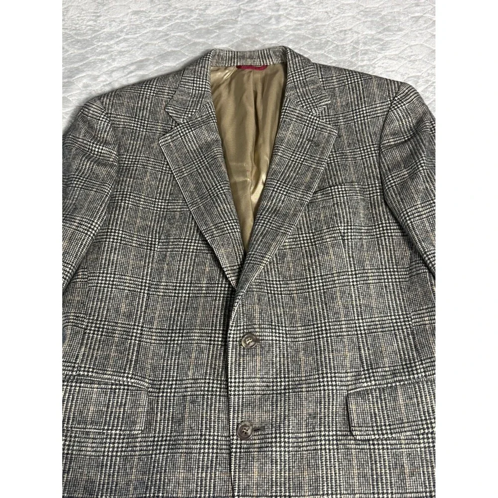 Jos A Bank Mens Glen Plaid Blazer 100% Camel Hair Grey Tan Sport Coat 44R 45R
